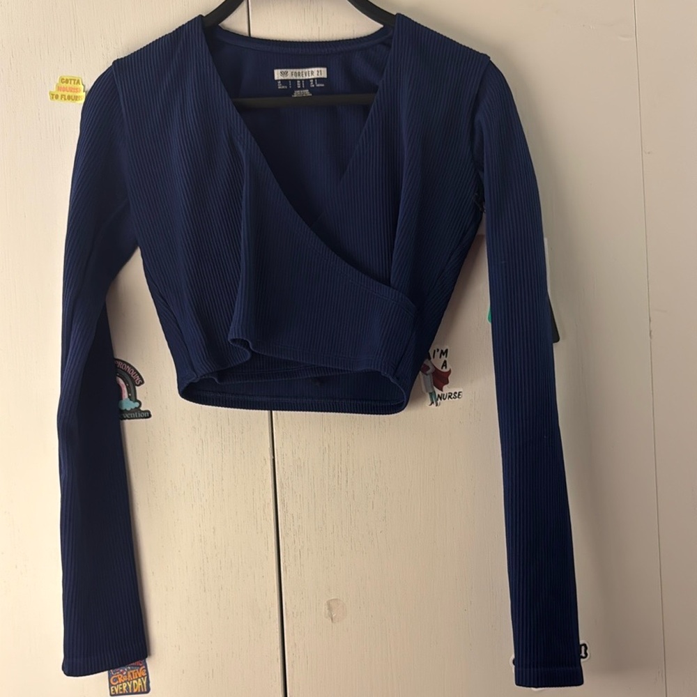 Forever 21 Deep Blue Ribbed Wrap Blouse